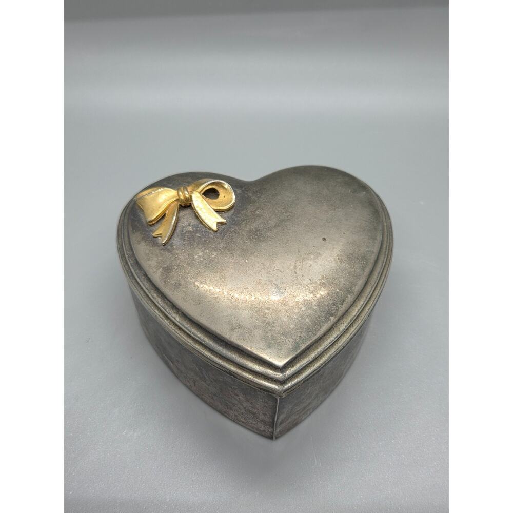 Vintage Silver Plated Heart Shaped Jewelry Box w/Gold Tone Bow & Red Lining
